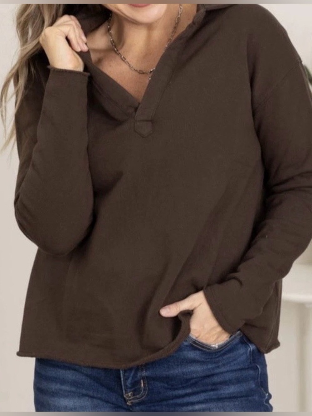 Womens Mono B French Terry Raw Edge V-Neck Top, Size small